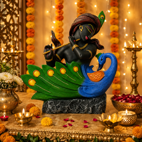 Divine Krishna with Peacock Sculpture
