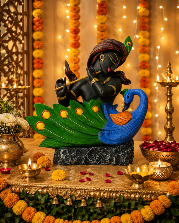 Divine Krishna with Peacock Sculpture