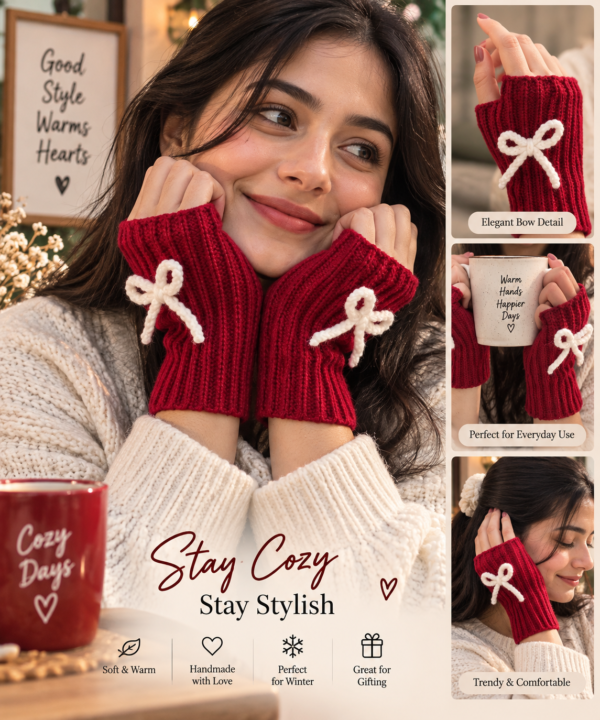 Handmade Red Crochet Fingerless Gloves with Bow