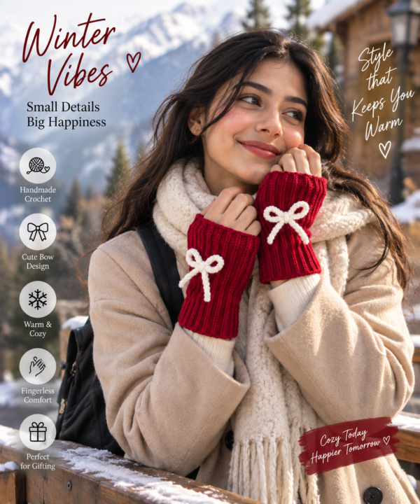 Handmade Red Crochet Fingerless Gloves with Bow
