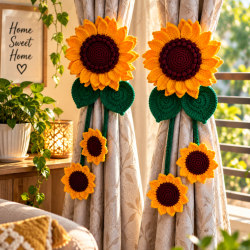 🌻 Handmade Crochet Sunflower Curtain Tieback
