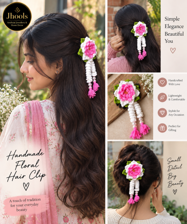 Handmade Crochet Floral Tassel Hair Clip – Pink & White