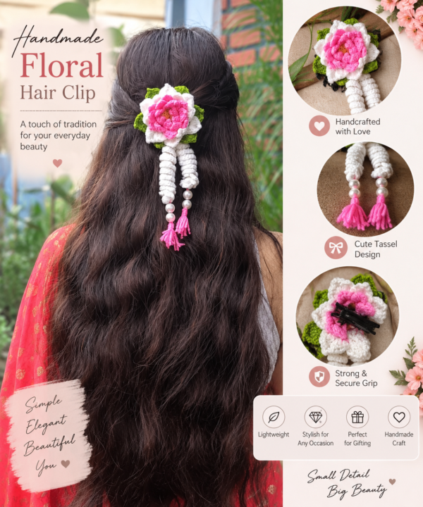 Handmade Crochet Floral Tassel Hair Clip – Pink & White