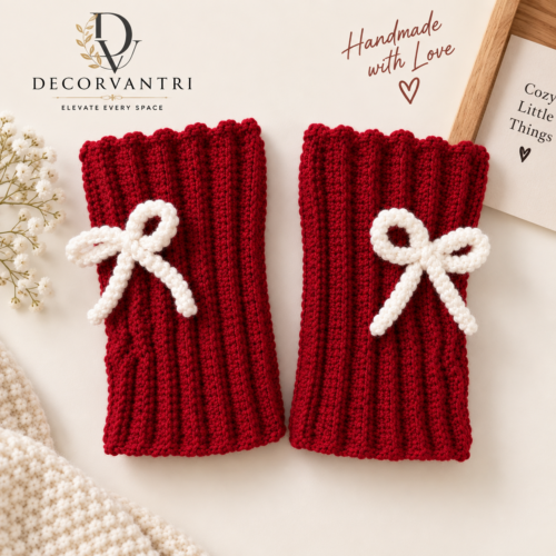 Handmade Red Crochet Fingerless Gloves with Bow