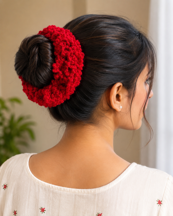 Ruby Bloom Crochet Hair Scrunchie.