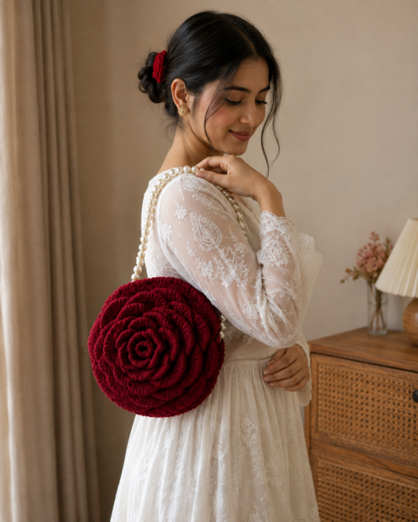 Ruby Rose Crochet Pearl Handle Bag